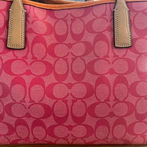 Coach Pink Signature Stripe Tote Bag Orange Trim Leather Handbag - Picture 11 of 14